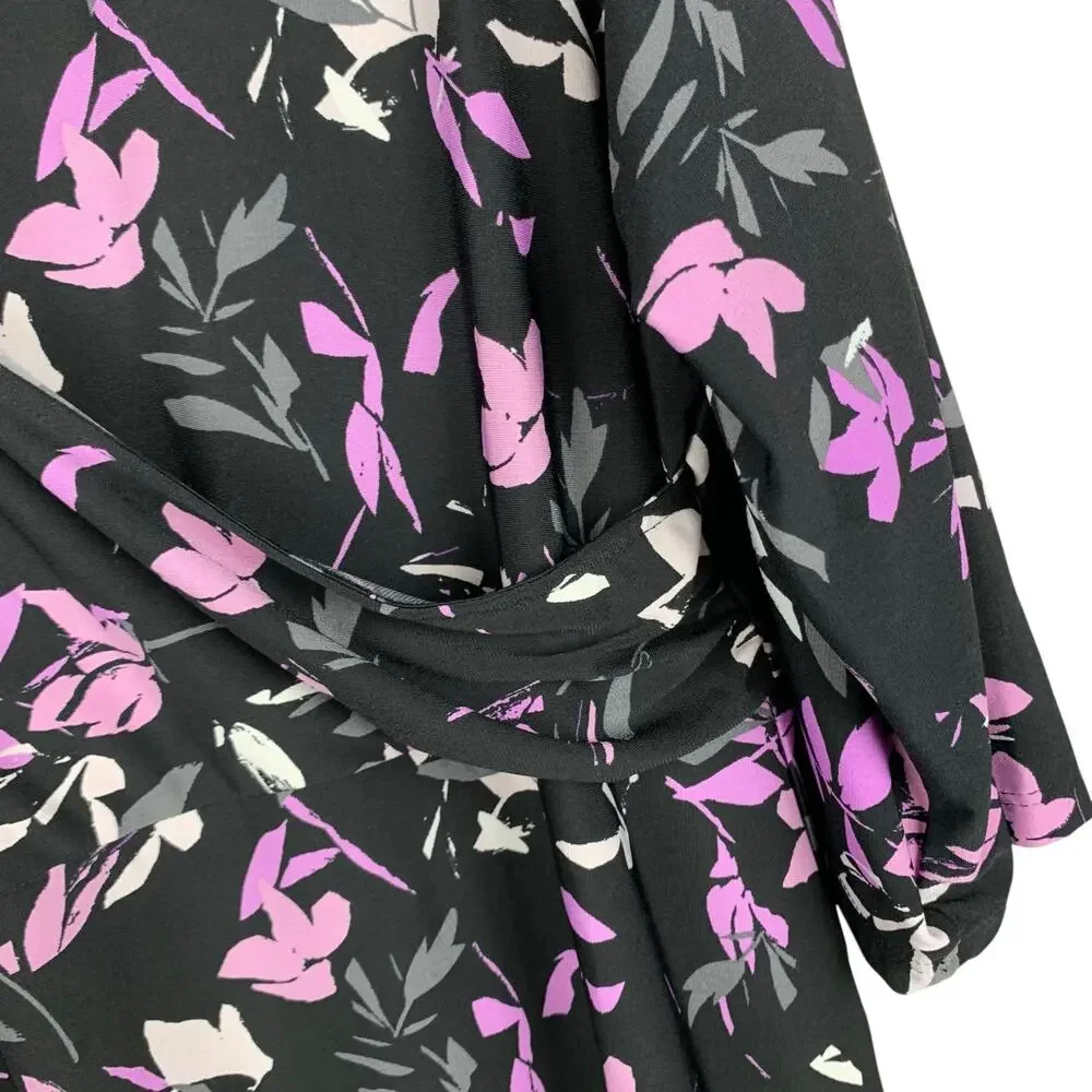 Catherines Faux Wrap Dress Maxi Black Purple Dark Floral Stretchy Womens 14 16WP - Picture 5 of 8